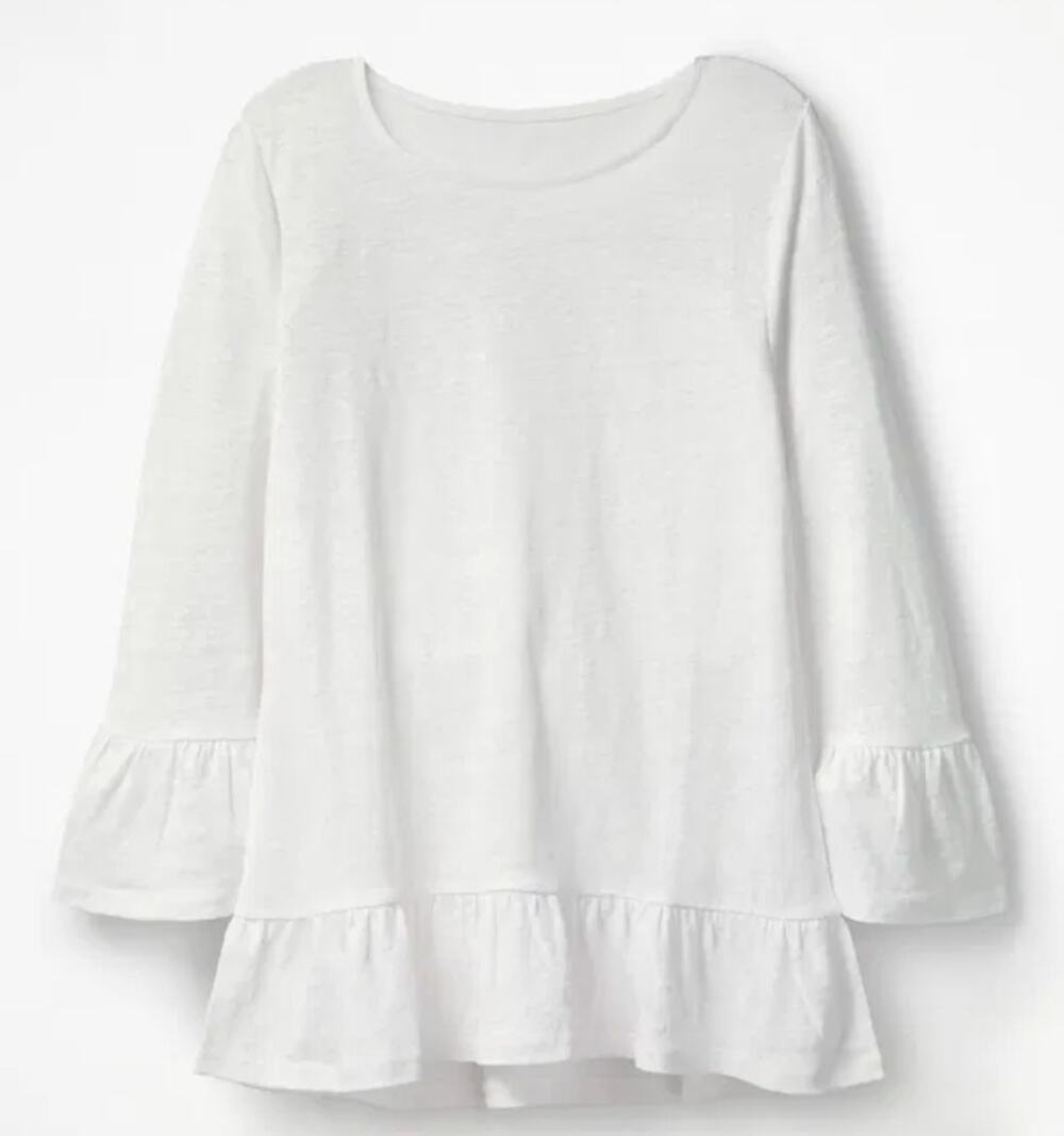 BODEN Ivory White Linen Flare Jersey Top Ruffle Size Large 3/4 Sleeve L